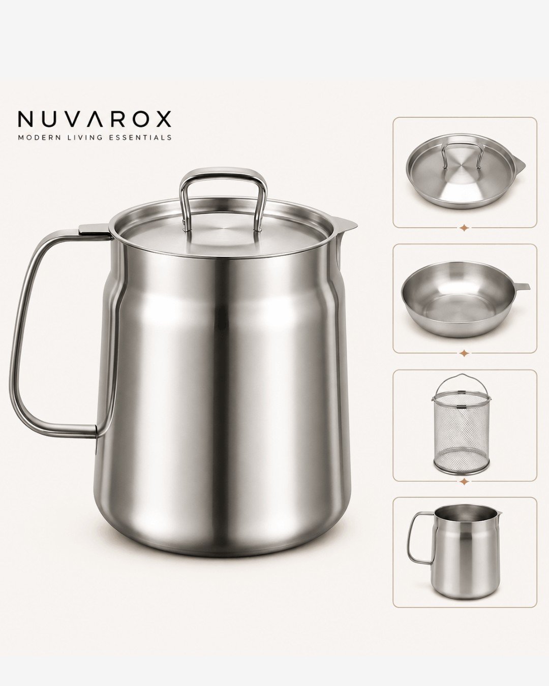 NUVAROX 304 Stainless Steel Deep Fryer Pot Set with Basket & Strainer